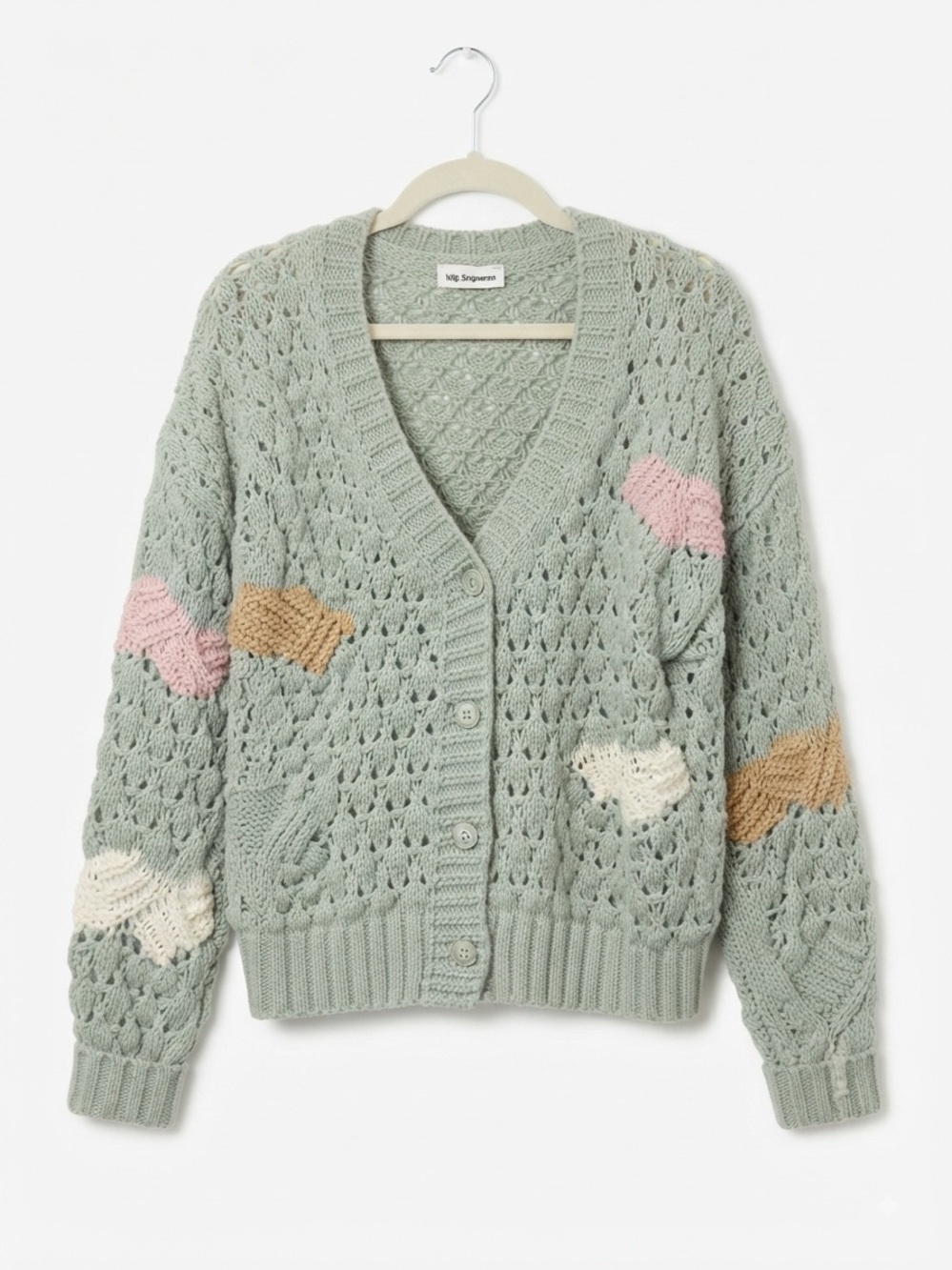 Mountain Sage Green Openwork pop Cardigan with Pastel Heart Accents